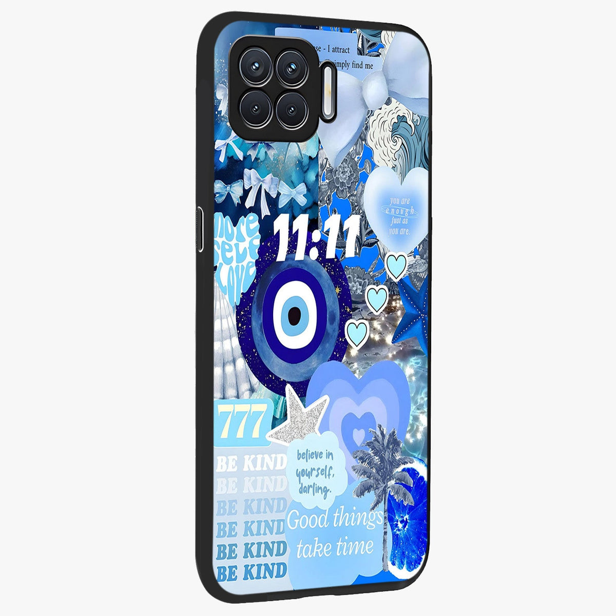 Aesthetic Be Kind Eye Glass Case upright view showcasing stylish eye illustration with positive message theme.