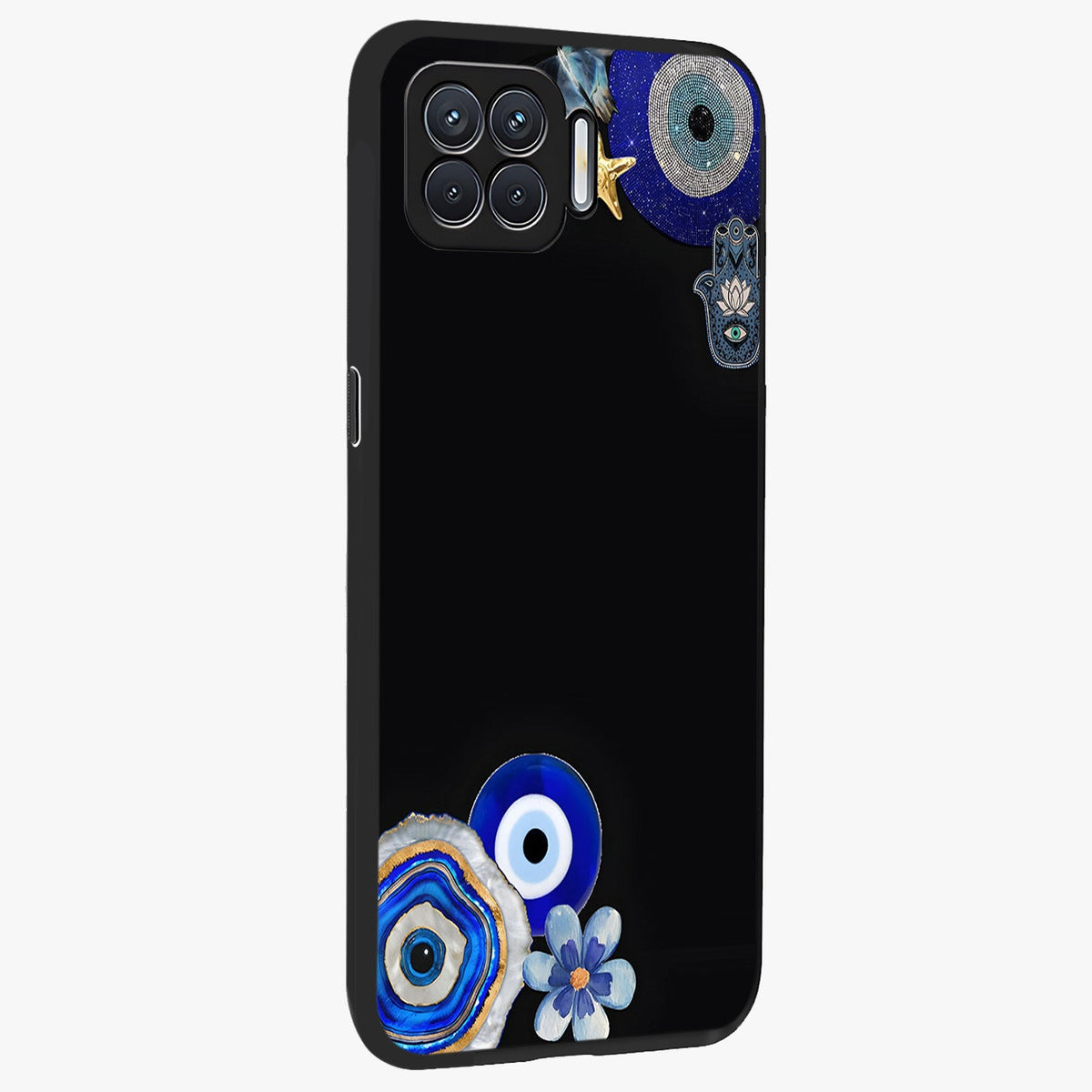 Aesthetic Blue Evil Eye Glass Case upright view showcasing mystical evil eye graphic with minimal aesthetic style.