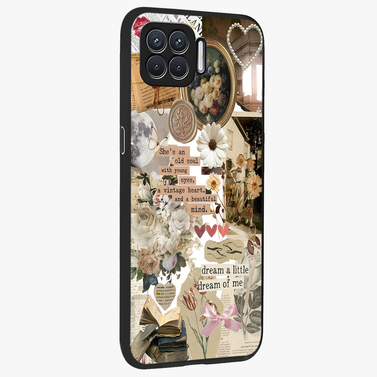 Aesthetic Brown Vintage Collage Glass Case upright view showcasing nostalgic retro artwork with stylish vintage theme.