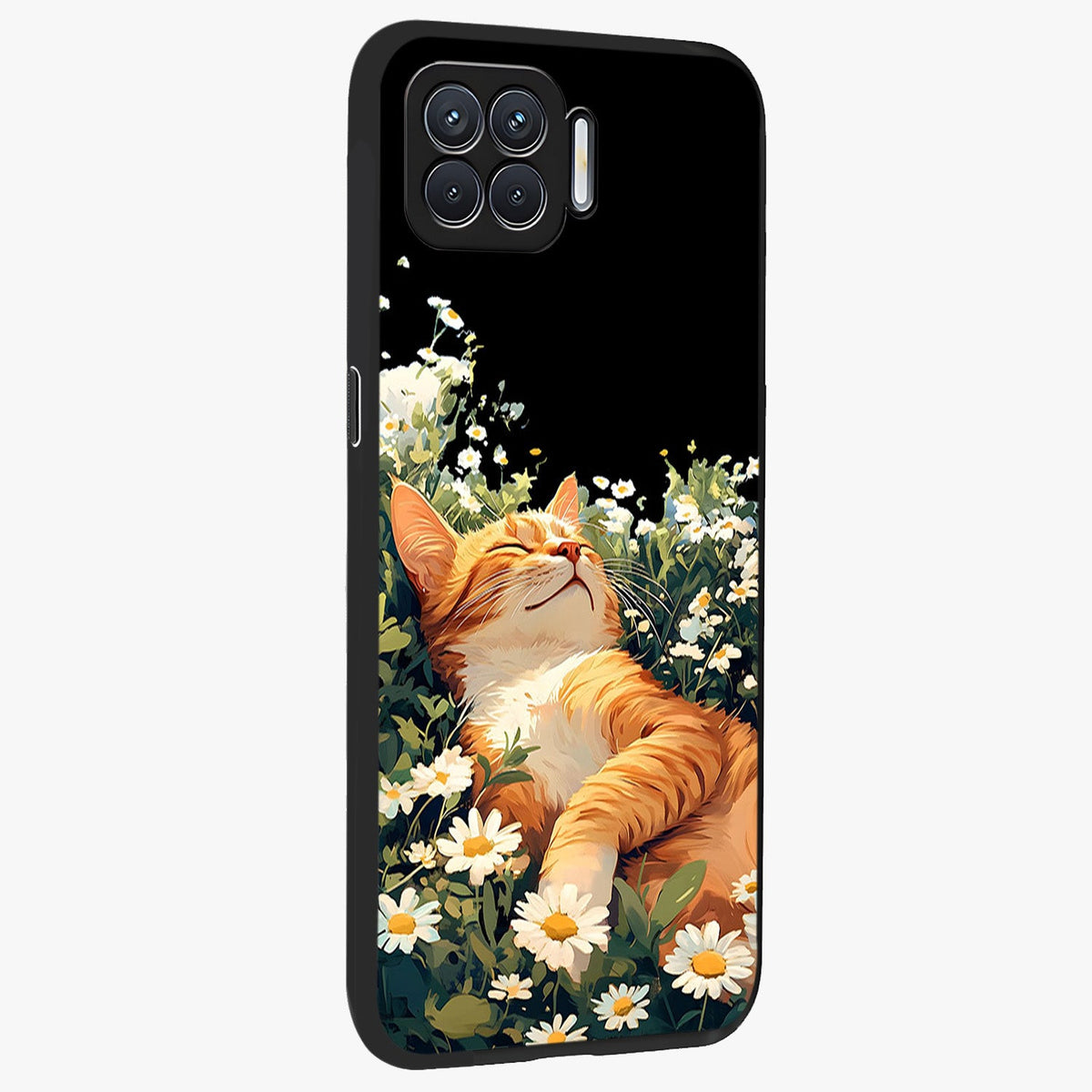 Blissful Bloom Cat Glass Case upright view showcasing charming cat design surrounded by blooming floral elements.