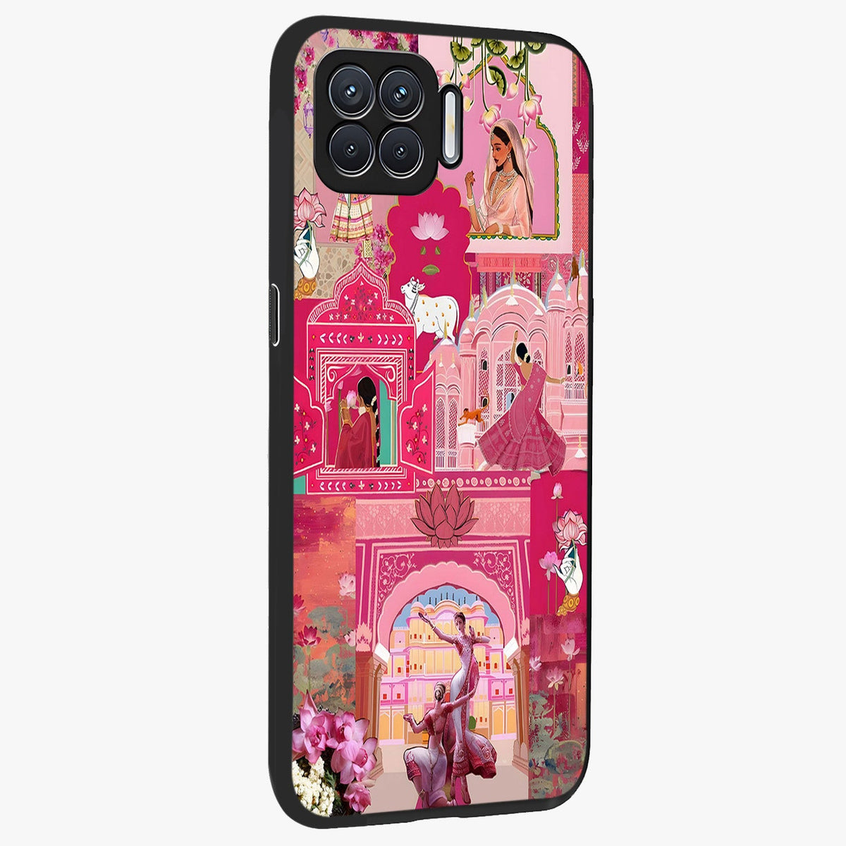 Blossoms of Rajasthan Glass Case upright view showcasing colorful floral design inspired by traditional Indian art.