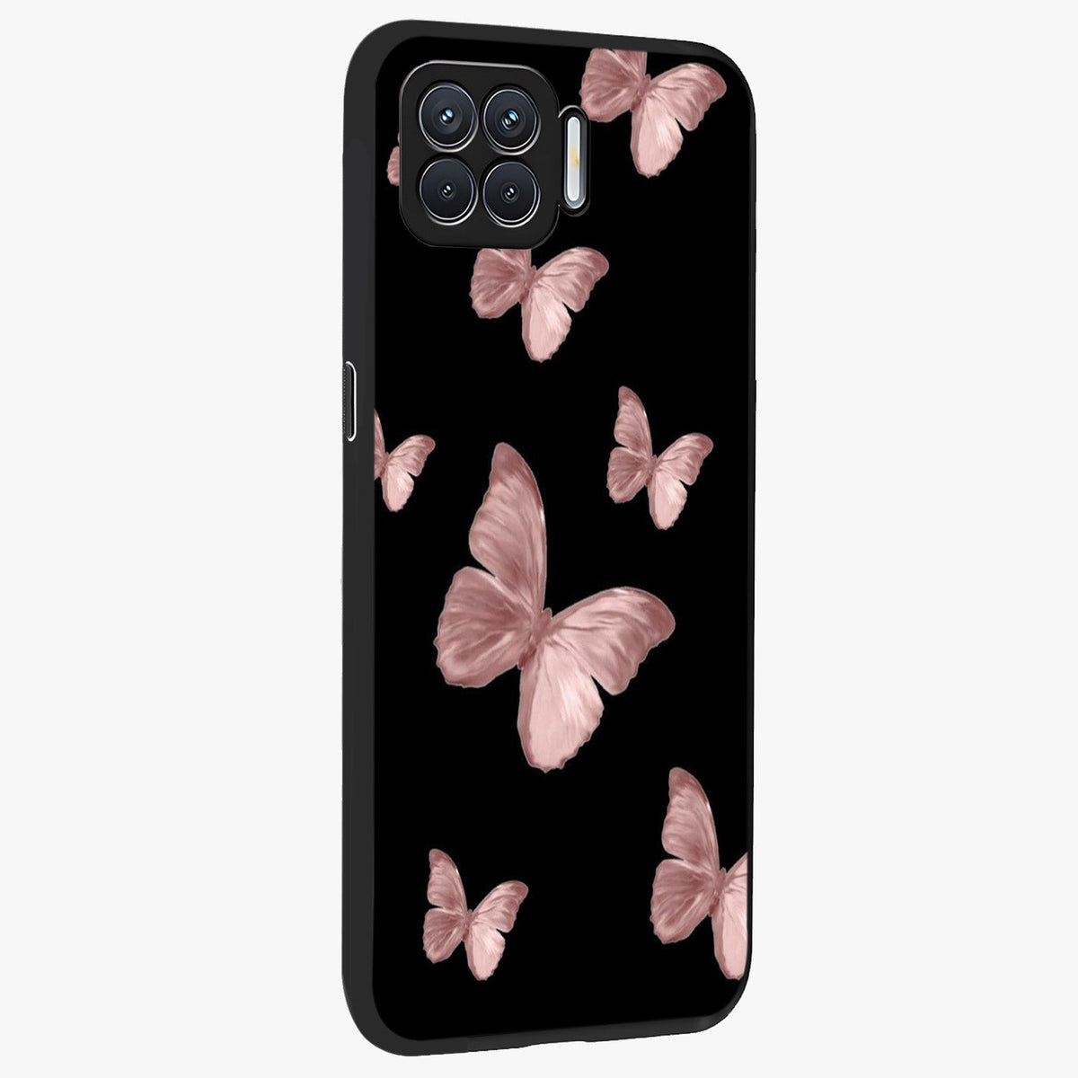 Butterfly Pattern Glass Case upright view showcasing graceful butterfly artwork with soft decorative theme.