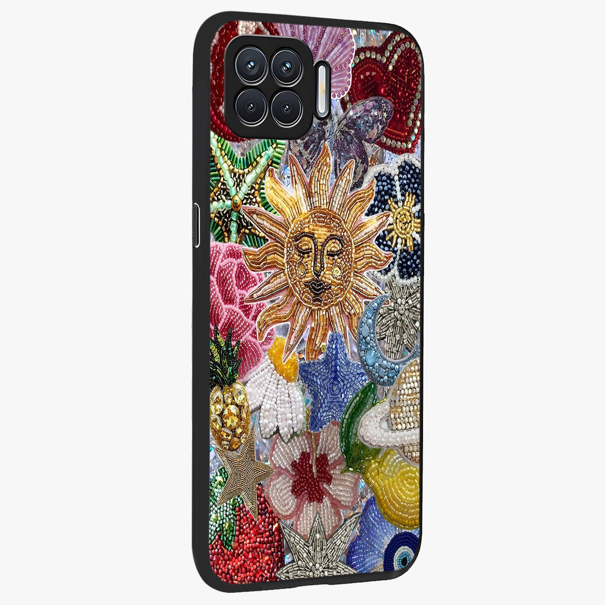 Celestial Floral and Playful Glass Case upright view showcasing whimsical floral artwork with cosmic aesthetic theme.