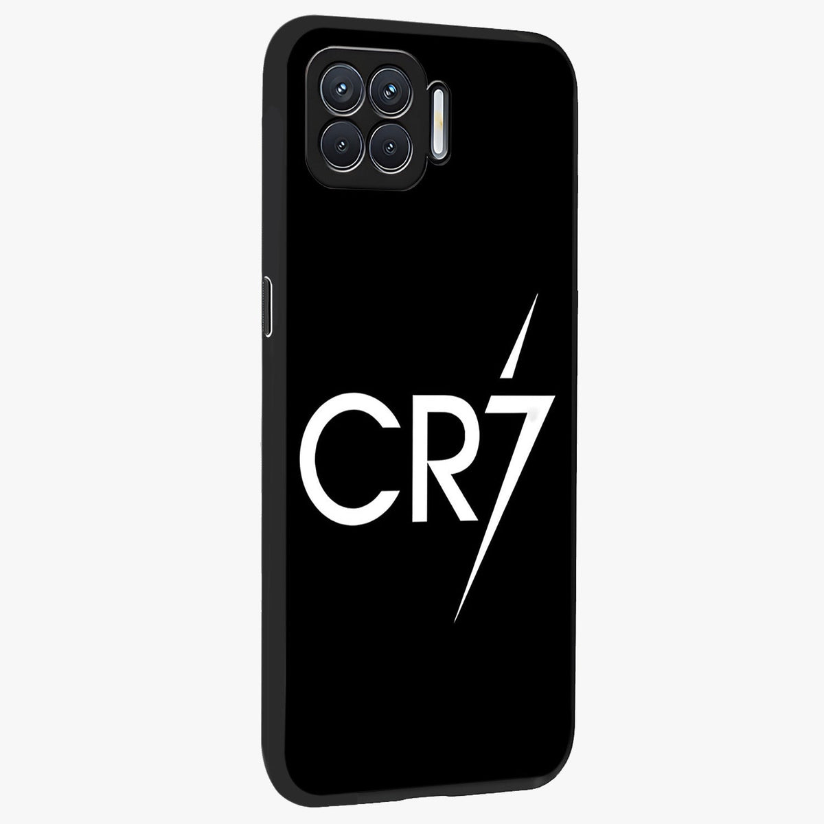 Cr7 Elite Strike Glass Case upright view showcasing energetic football inspired design with modern sports aesthetic.