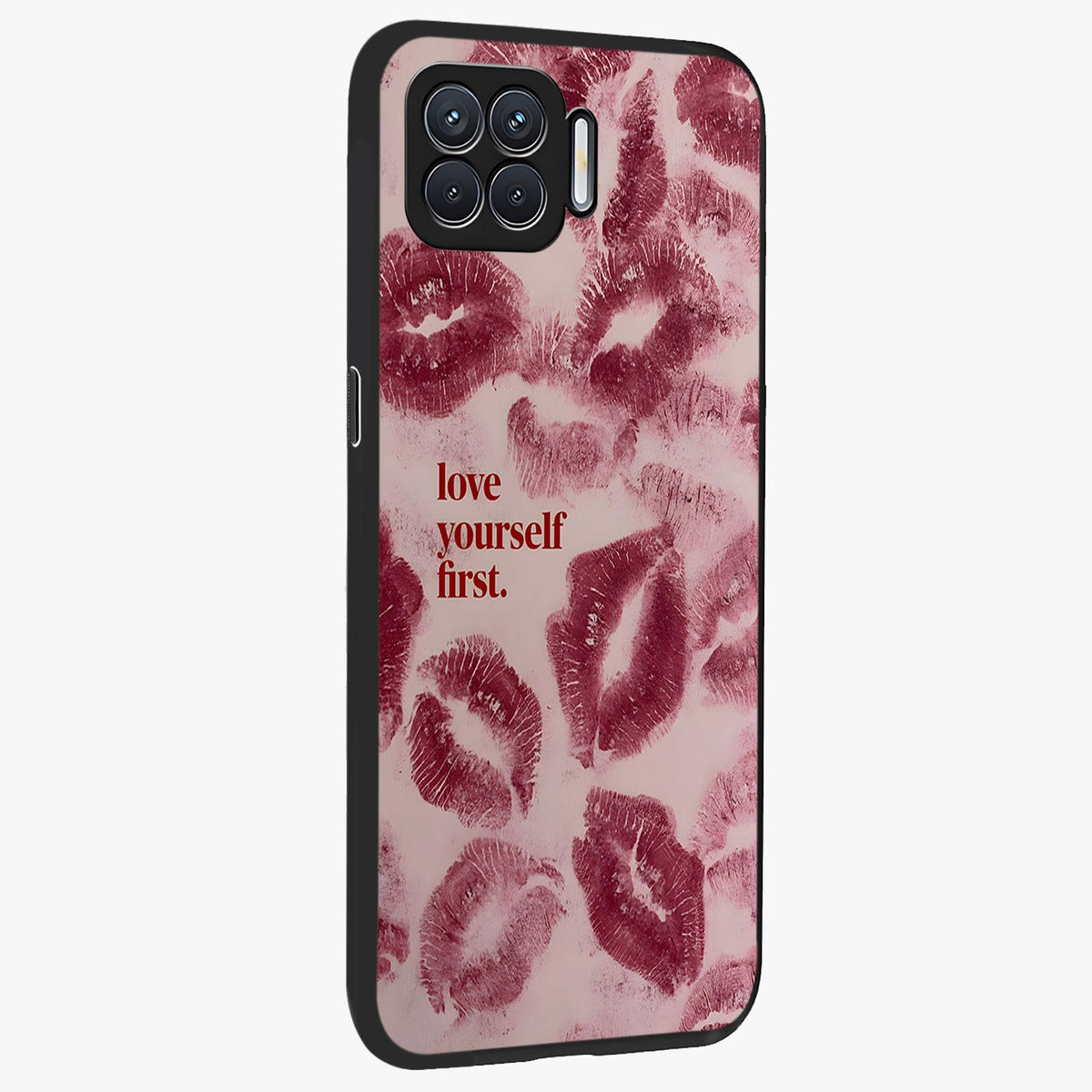 Crimson Kiss Love Glass Case upright view showcasing expressive romantic artwork with deep crimson theme.