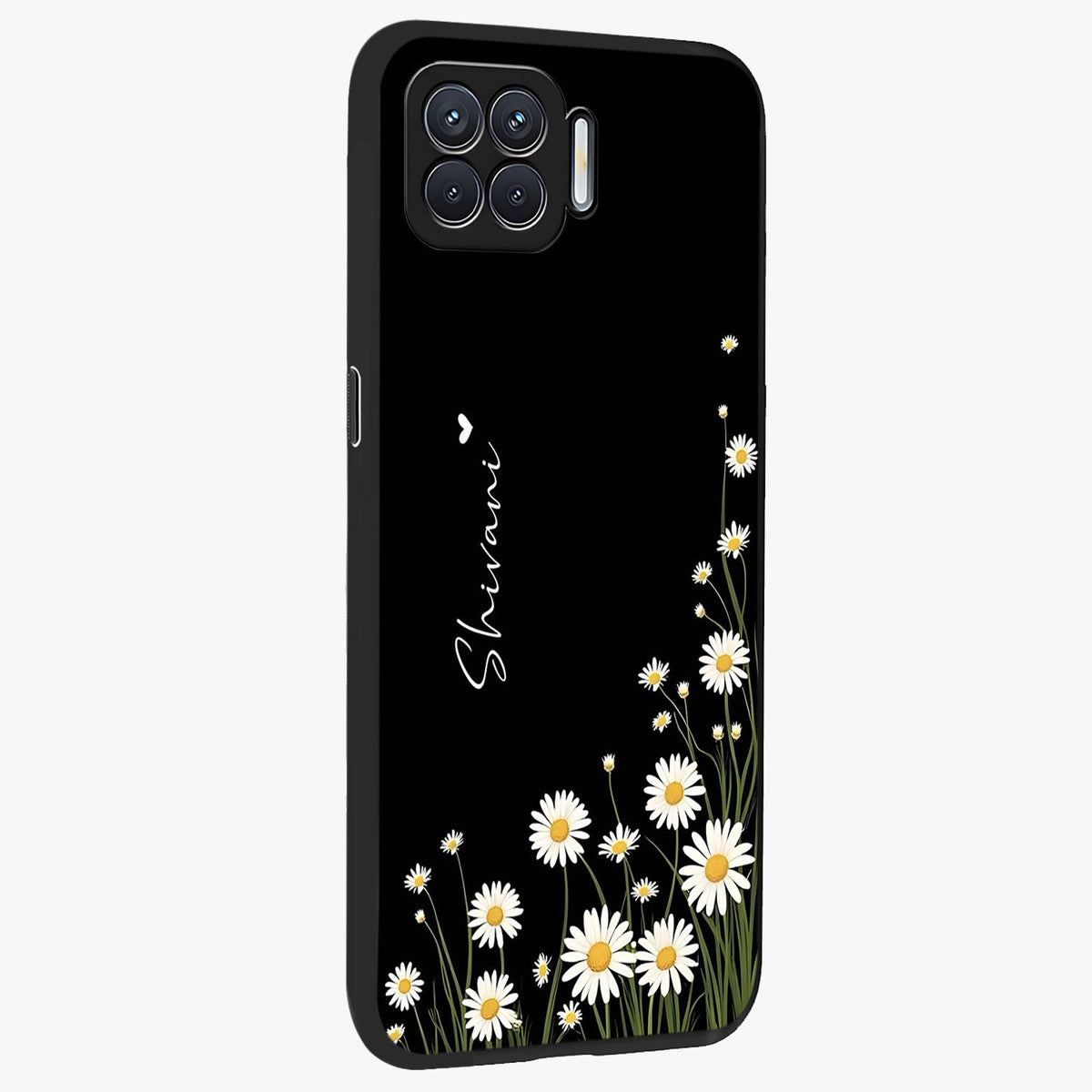 Daisy Cascade Custom Name Glass Case upright view showcasing elegant floral cascade design with personalized aesthetic.