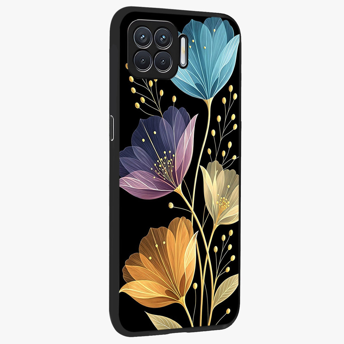 Delicate Multicolor Flowers Glass Case upright view showcasing delicate floral artwork with bright botanical theme.