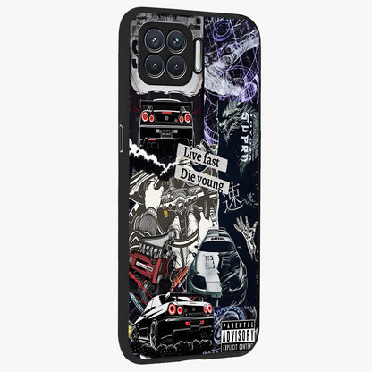 Die Young Glass Case upright view showcasing striking typography artwork with modern statement theme.