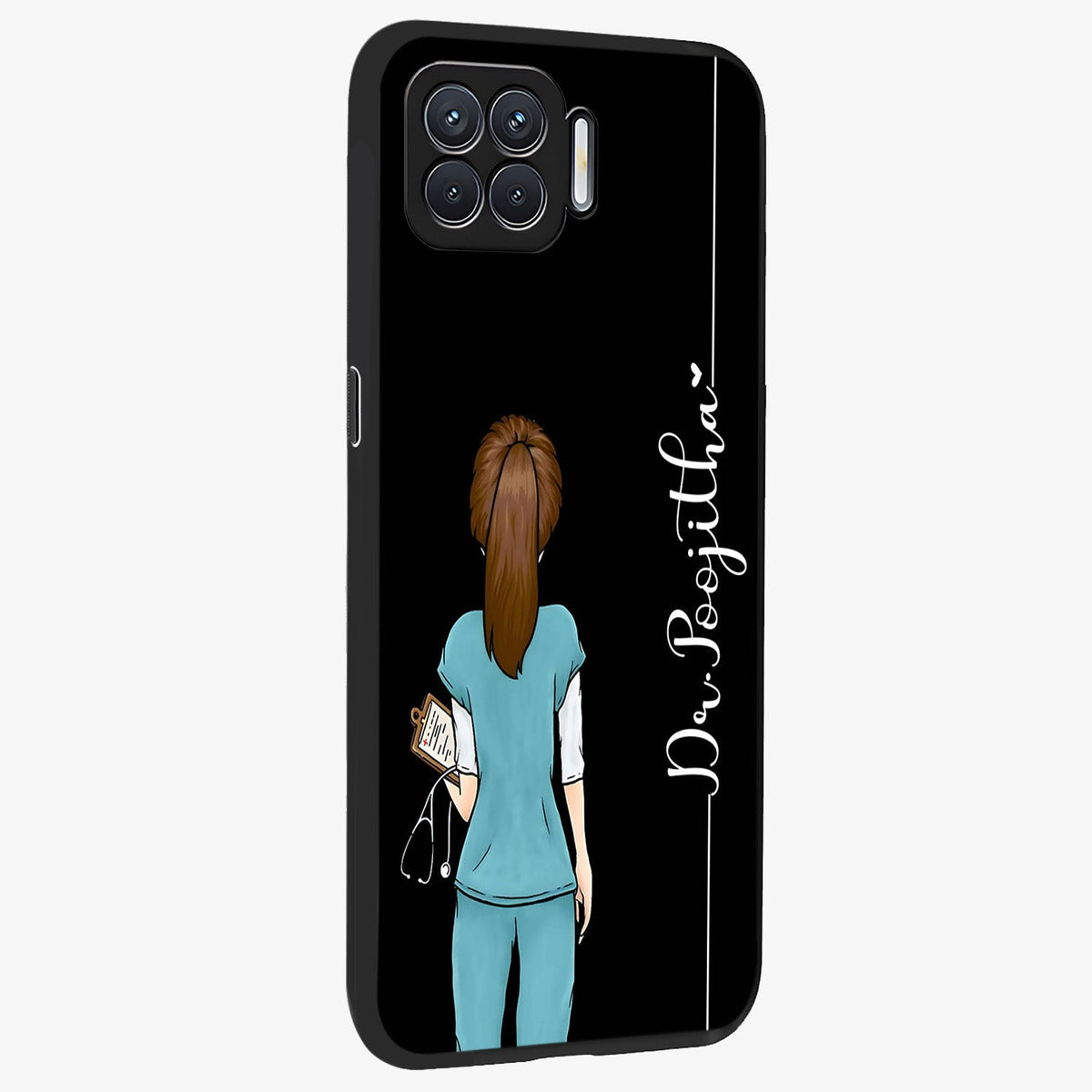 Doctor Pattern Custom Name Glass Case upright view showcasing healthcare themed design with personalized aesthetic.
