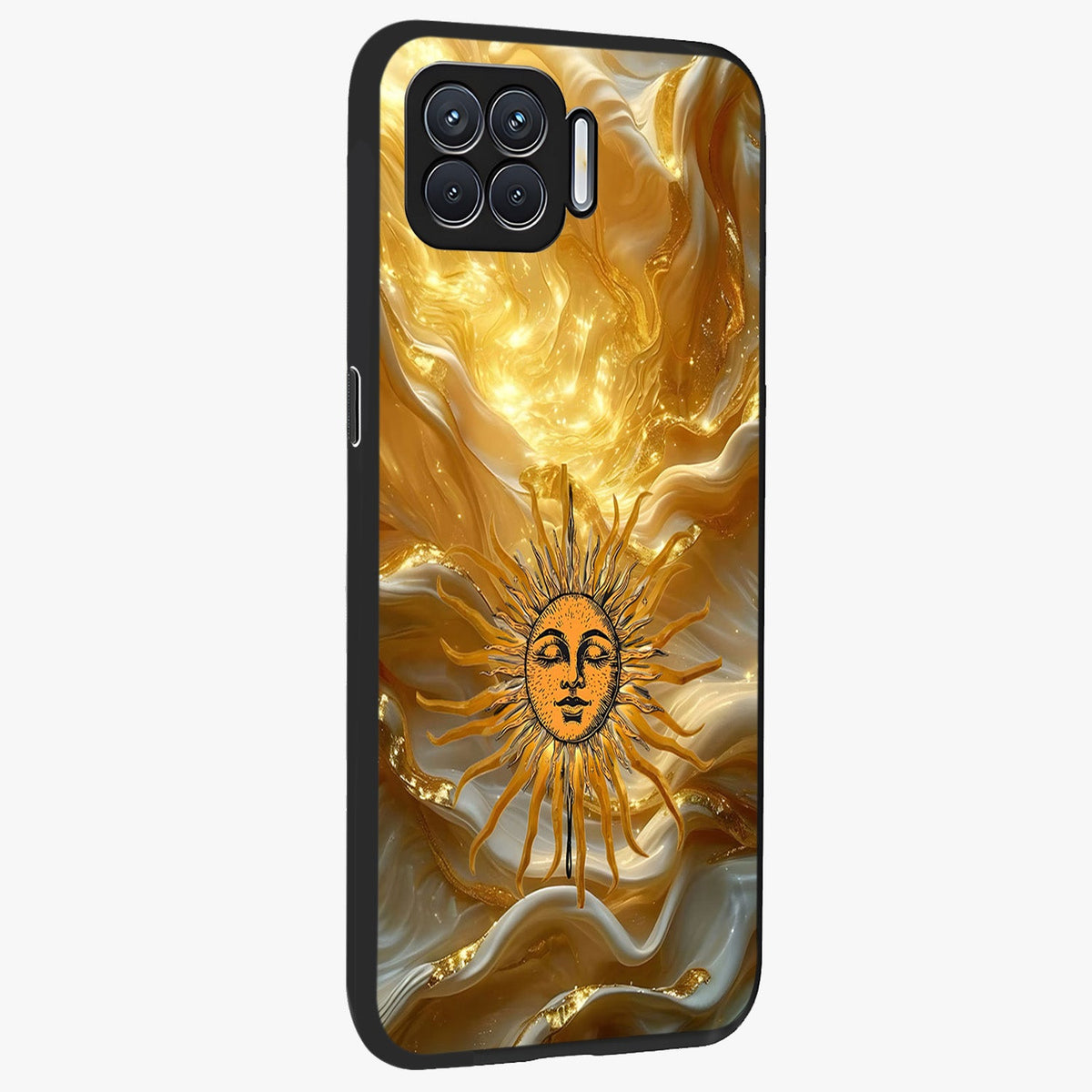 Eternal Golden Glow Glass Case upright view showcasing luminous golden artwork with luxurious visual theme.
