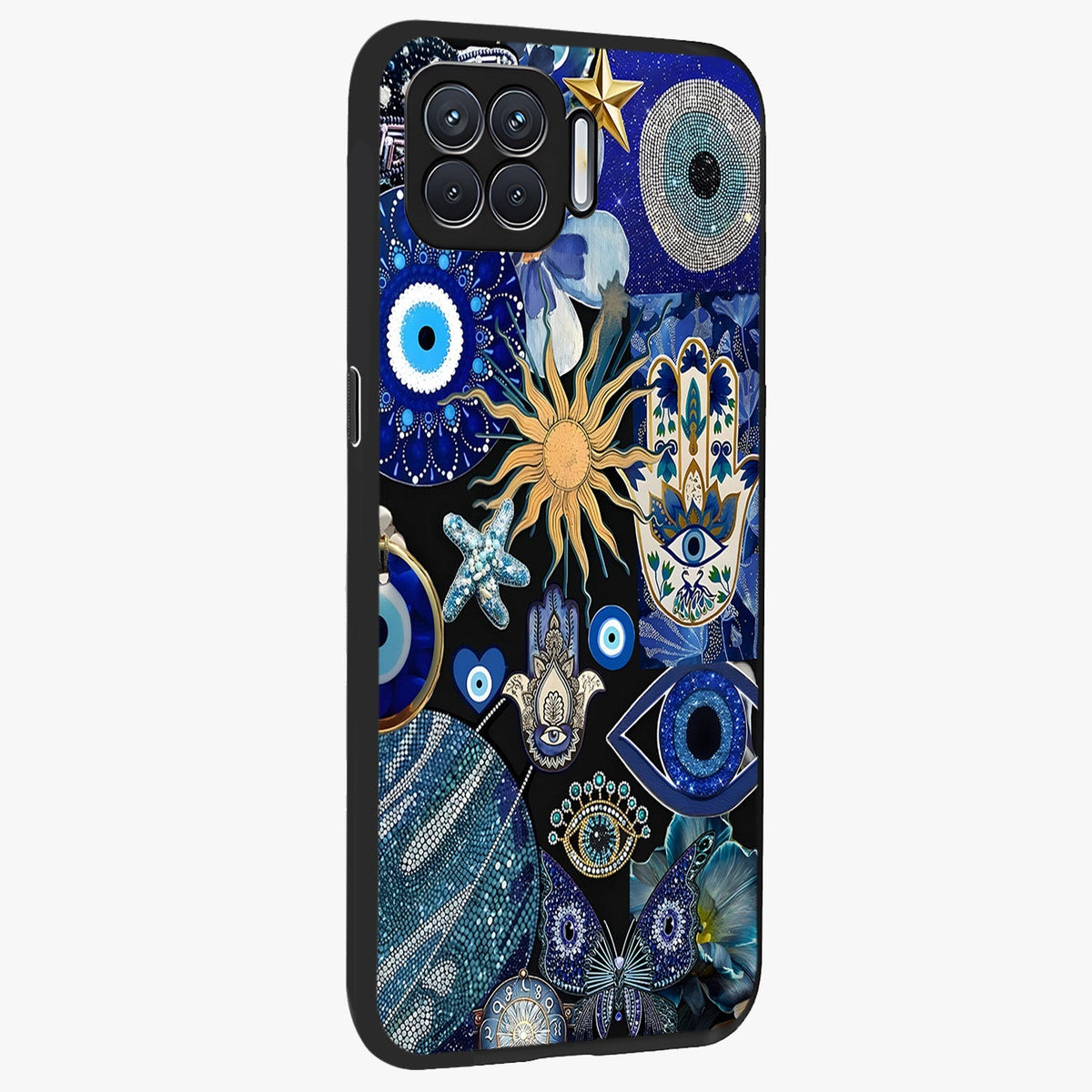 Evil Eye Charm Mix Glass Case upright view showcasing mystical evil eye pattern with vibrant decorative style.