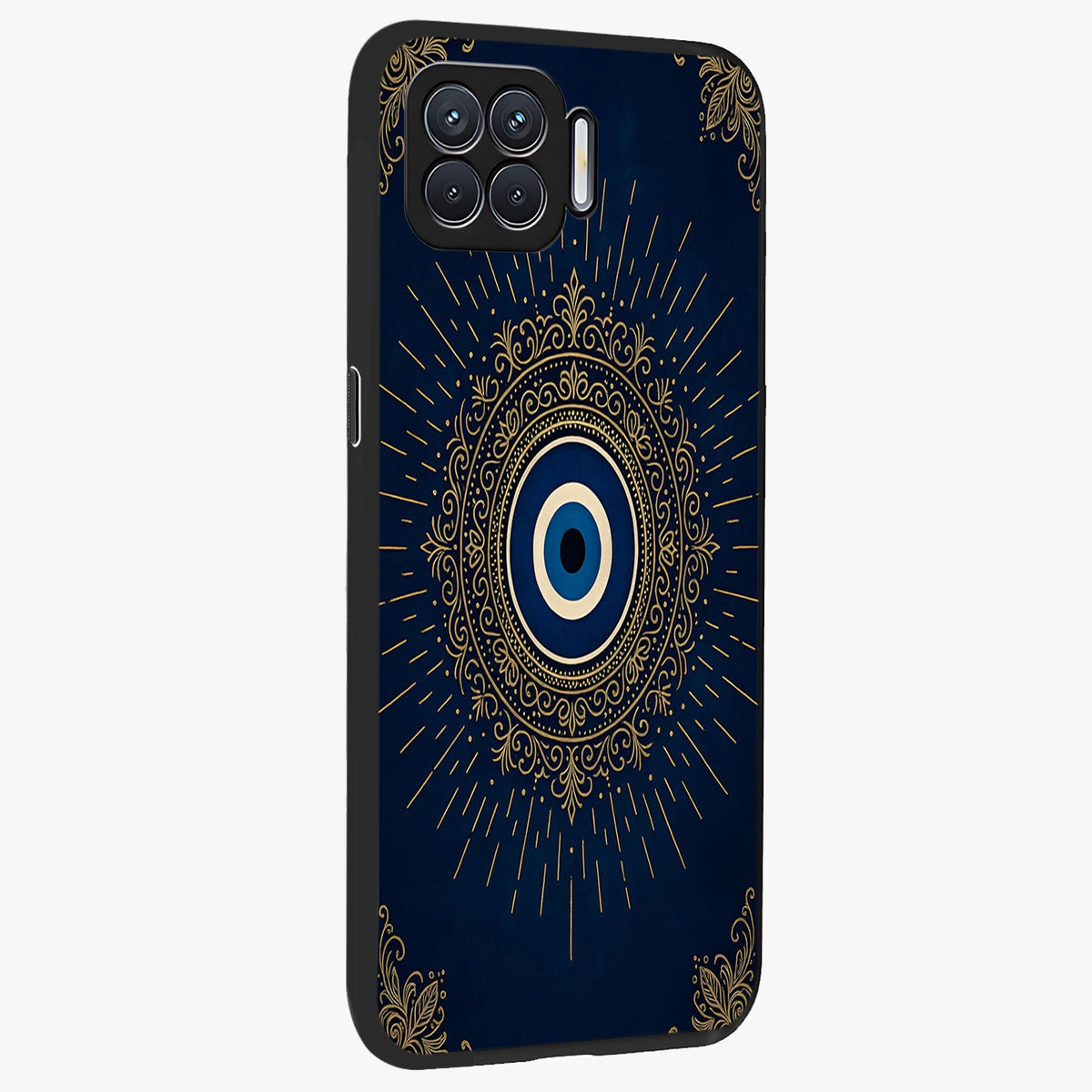 Golden Celestial Charm Glass Case upright view showcasing radiant celestial artwork with elegant golden theme.