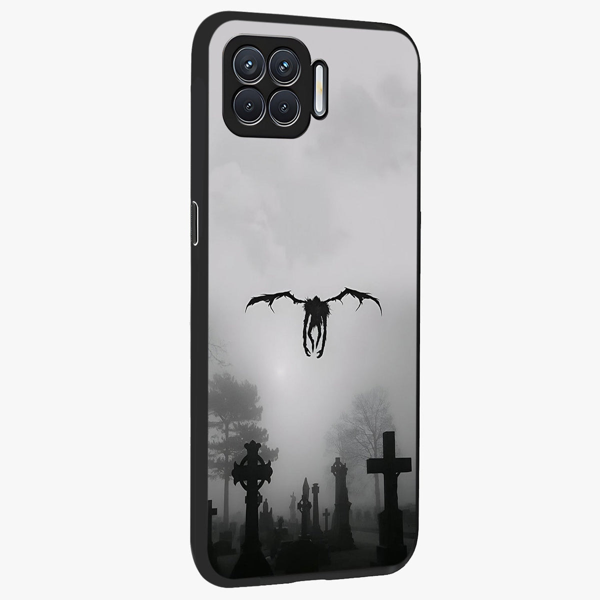Graveyard Shadow Descent Glass Case upright view showcasing haunting graveyard artwork with dramatic dark theme.