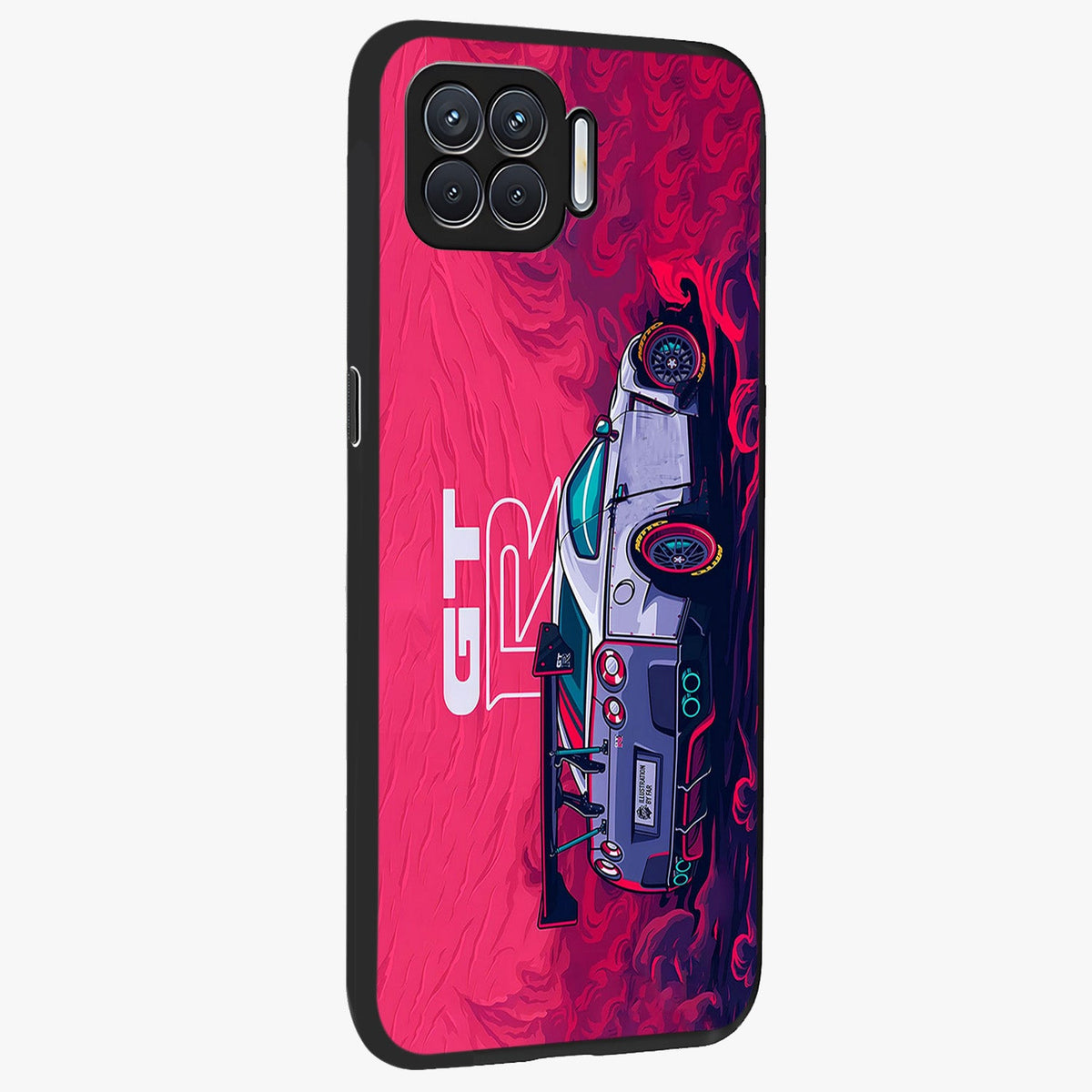 GT-R Car Pattern Glass Case upright view showcasing dynamic car pattern artwork with modern sports theme.