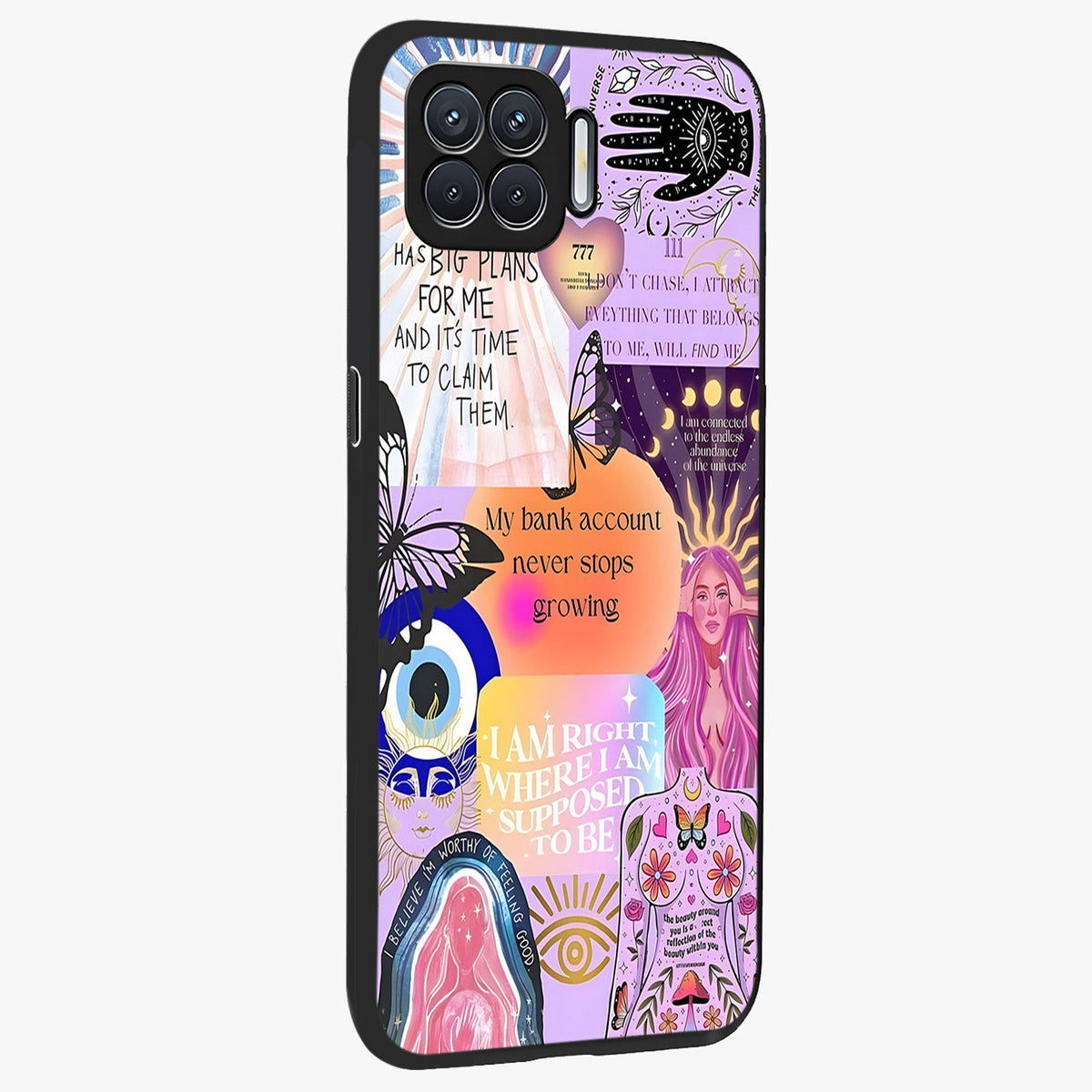 Manifestation Collage Glass Case upright view showcasing artistic manifestation themed artwork with creative style.