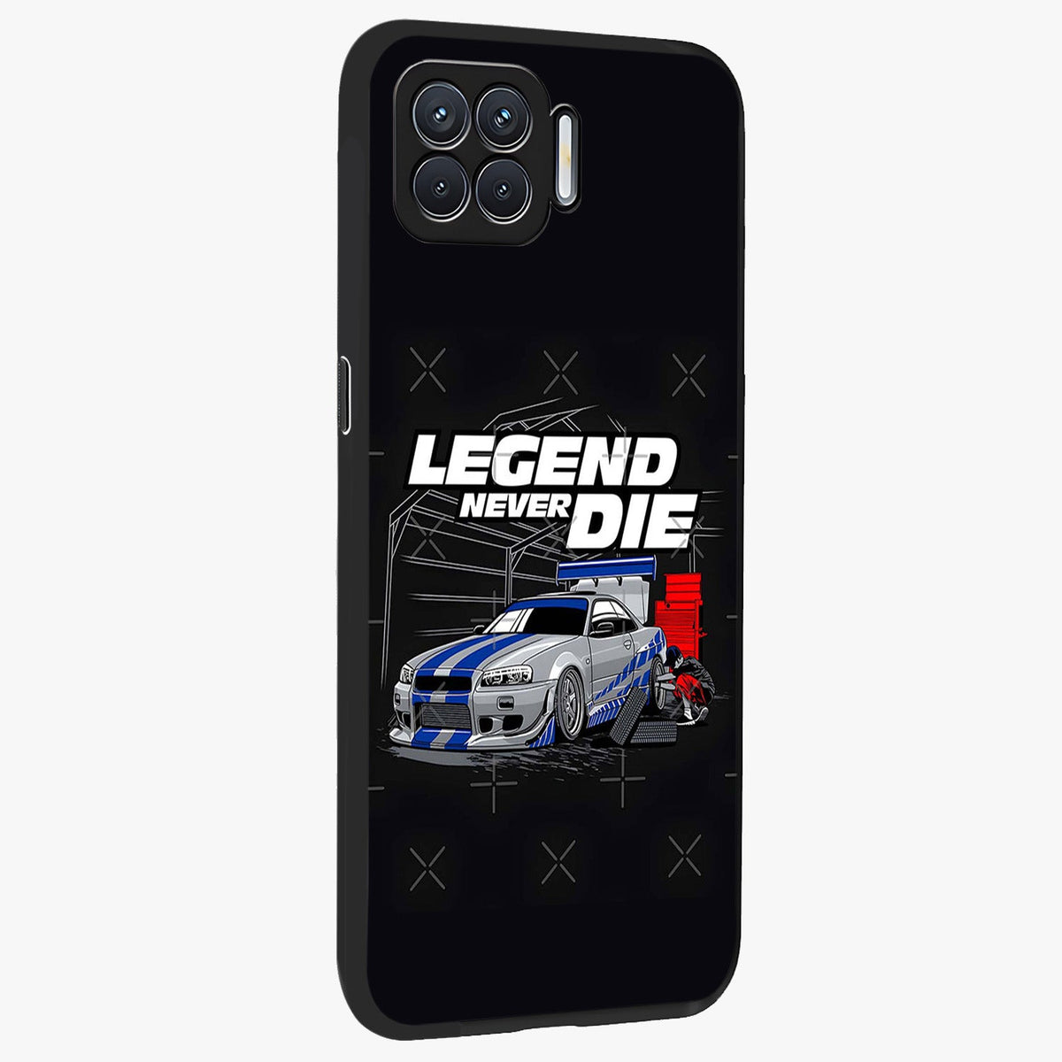 Midnight Racing Legacy Glass Case upright view showcasing powerful racing artwork with modern sports theme.