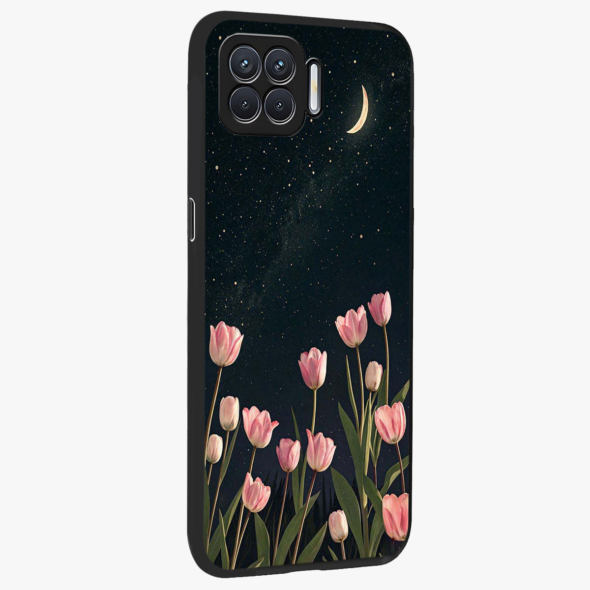Midnight Tulip Whispers Vibe Glass Case upright view showcasing graceful tulip artwork with calm botanical theme.