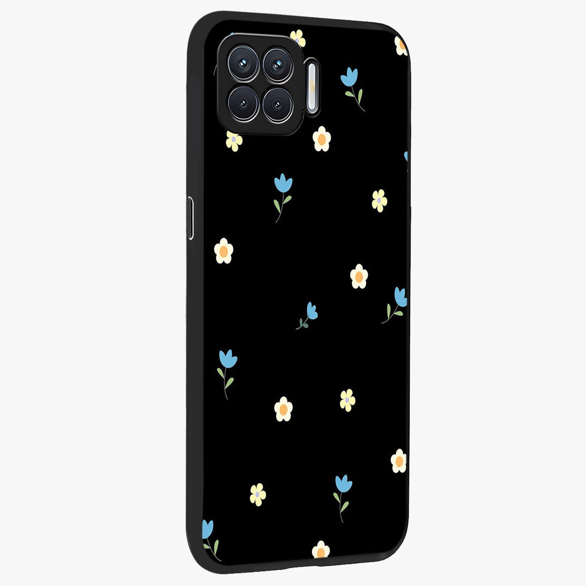 Minimal Petal Whispers Glass Case upright view showcasing elegant floral artwork with modern minimalist style.