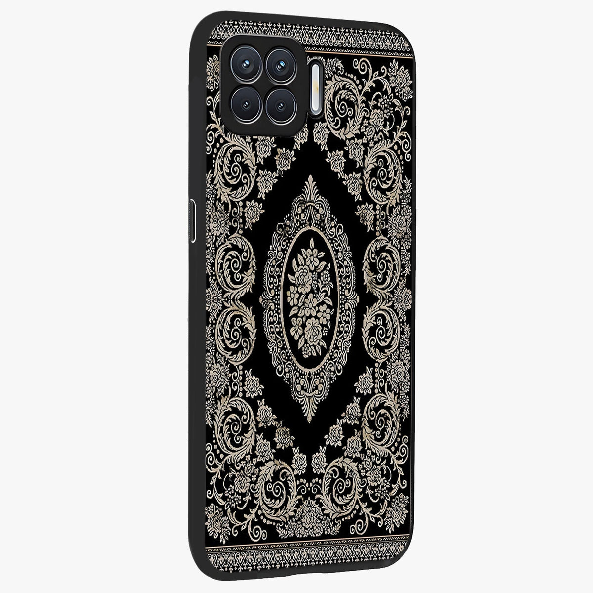 Noir Bloom Elegance Glass Case upright view showcasing graceful floral artwork with luxurious dark theme.