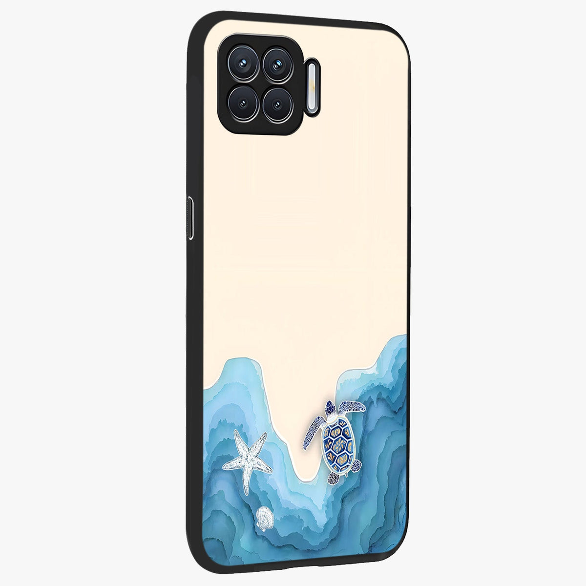 Ocean Drift Turtle Glass Case upright view showcasing calm underwater turtle artwork with nature inspired theme.