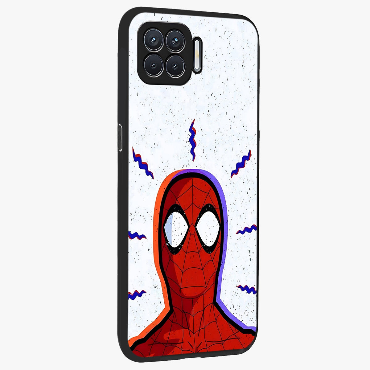Omg Spiderman Glass Case upright view showcasing energetic superhero artwork with vibrant comic theme.