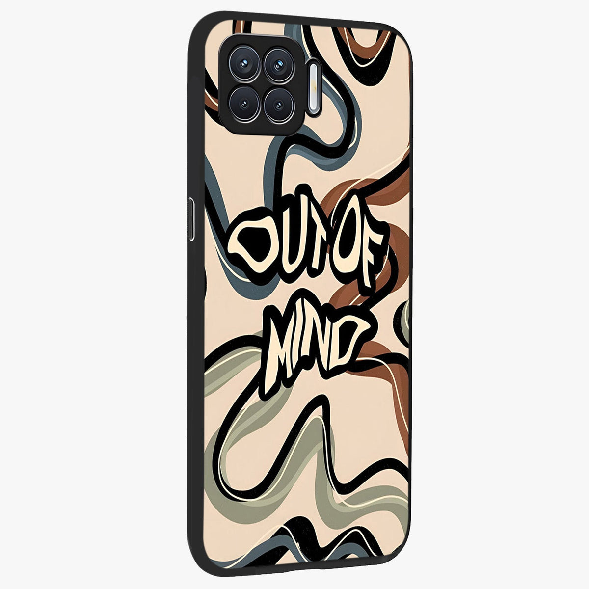 Out Of Mind Glass Case upright view showcasing striking typography artwork with edgy conceptual theme.