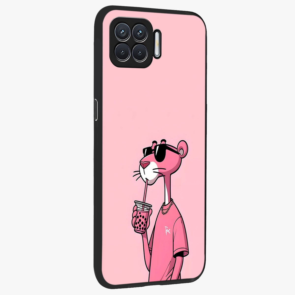 Pink Panther Glass Case upright view showcasing fun animated artwork with stylish retro cartoon theme.