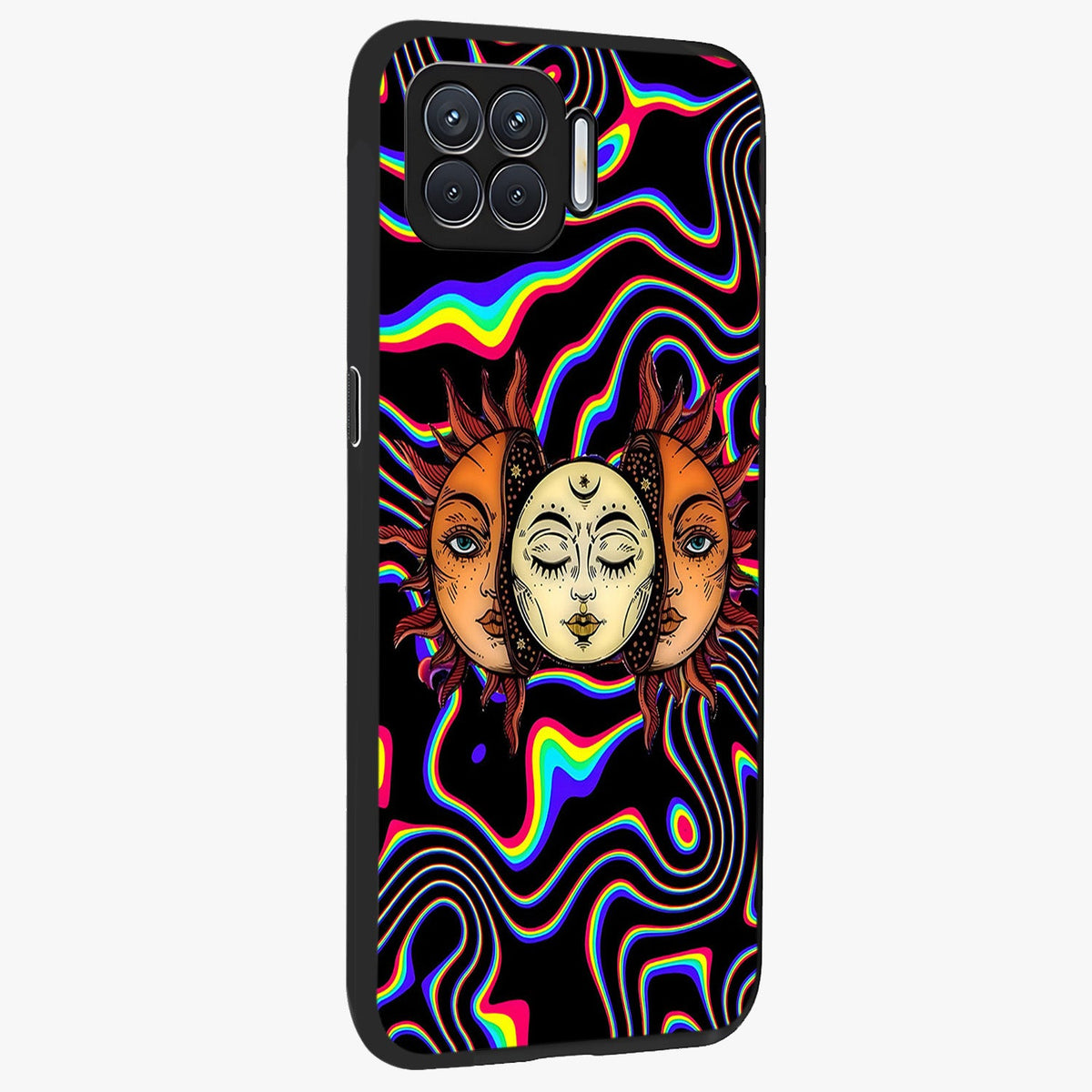 Psychedelic Sun Glass Case upright view showcasing trippy sun artwork with bold psychedelic theme.