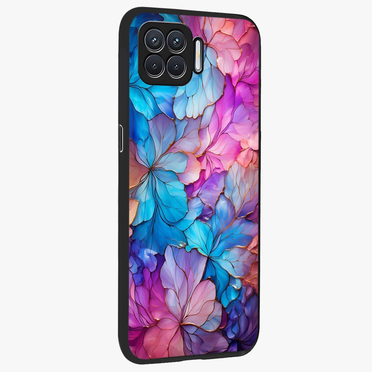 Radiant Floral Whirl Glass Case upright view showcasing lively floral artwork with decorative swirl theme.