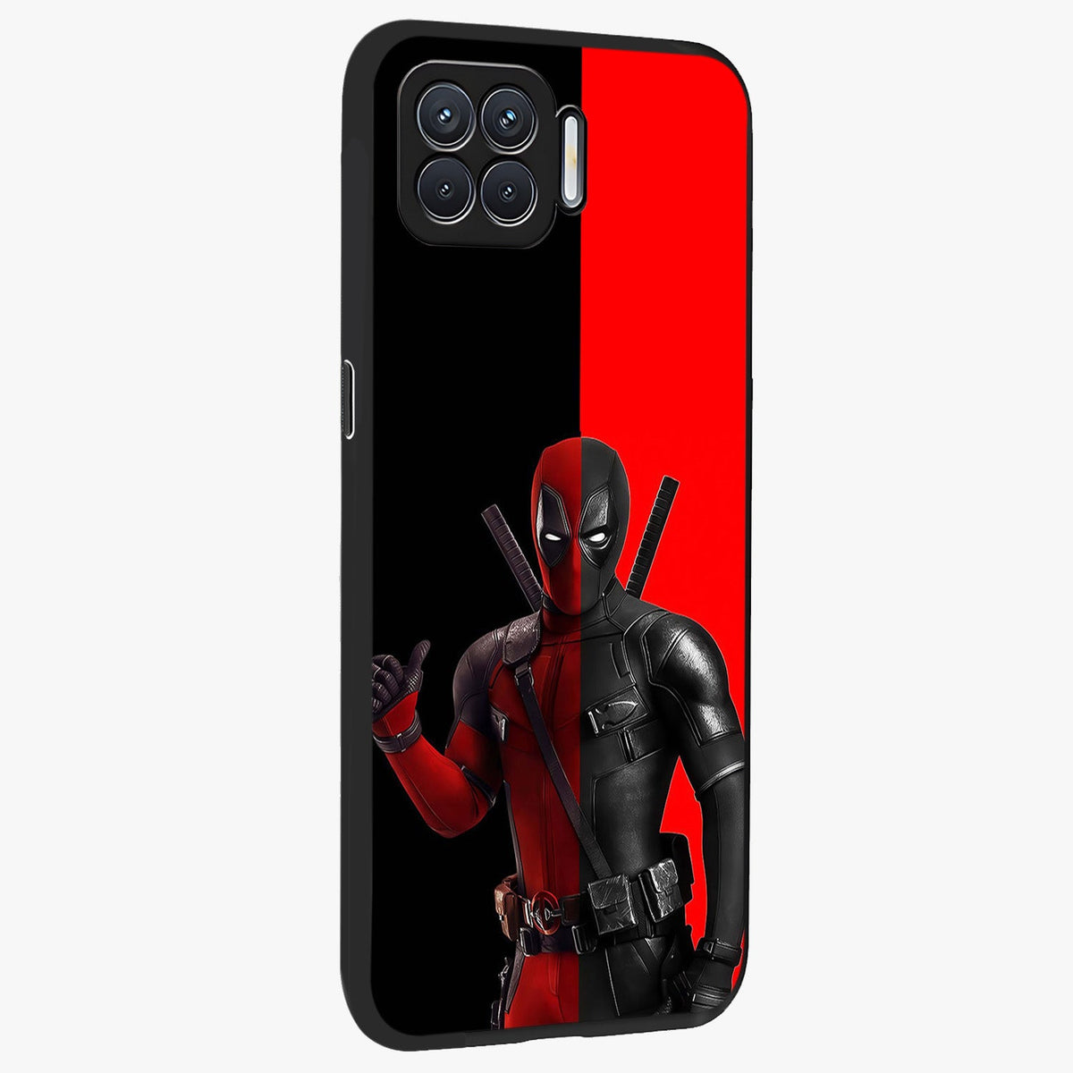 Red & Black Deadpool Theme Glass Case upright view showcasing energetic comic themed artwork with striking red and black design.