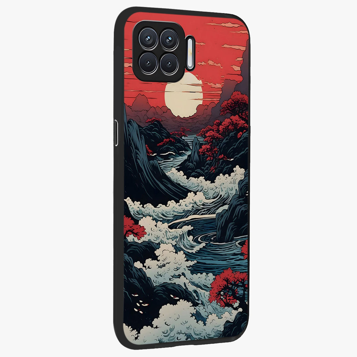 Red Sunset Scenery Glass Case upright view showcasing dramatic sunset scenery artwork with warm nature theme.