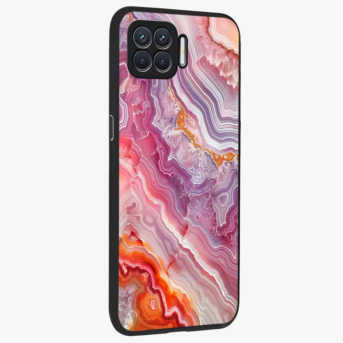 Rose Quartz Marble Glass Case upright view showcasing decorative marble artwork with luxurious pastel theme.