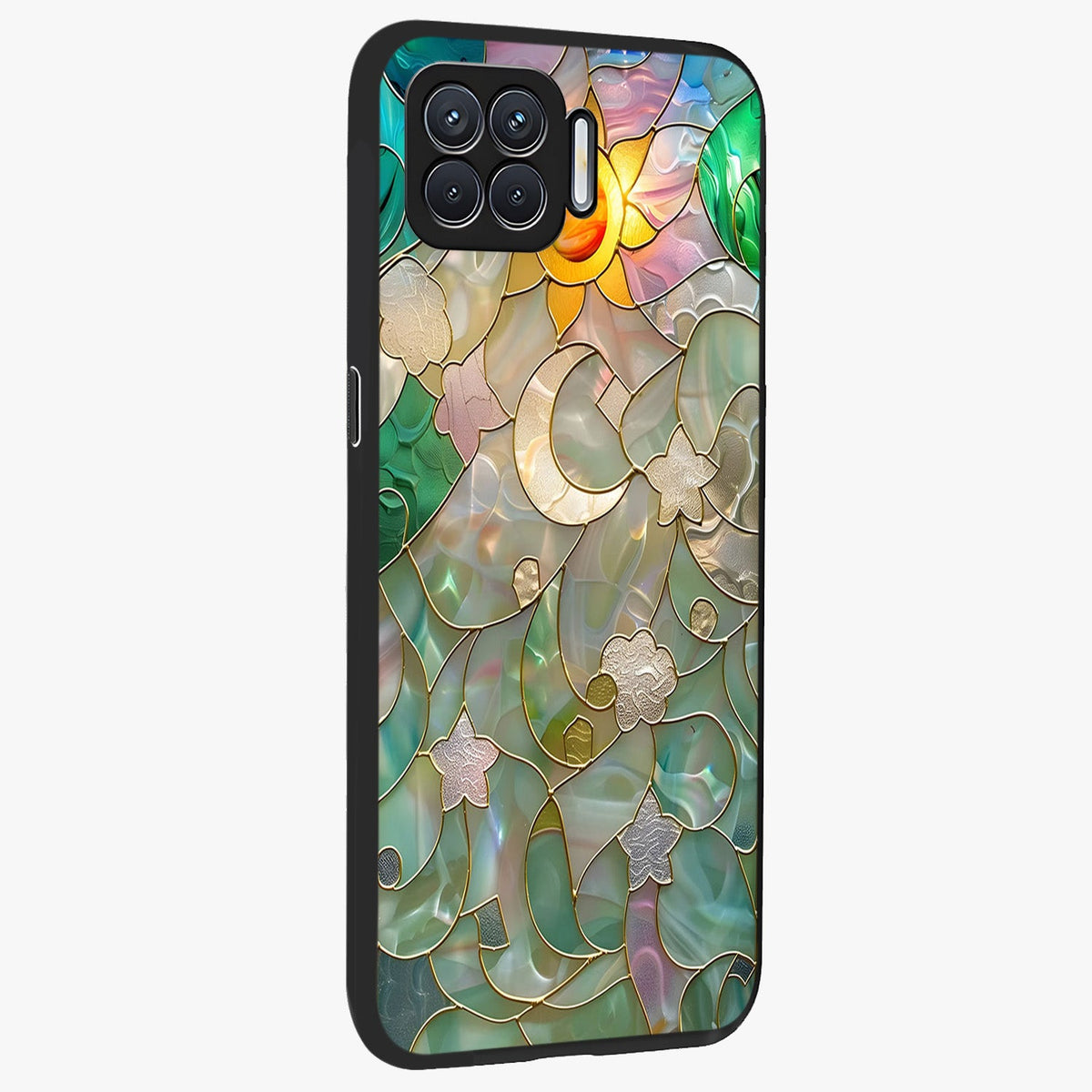 Stained Sunrise Glow Glass Case upright view showcasing colorful sunrise artwork with warm morning theme.