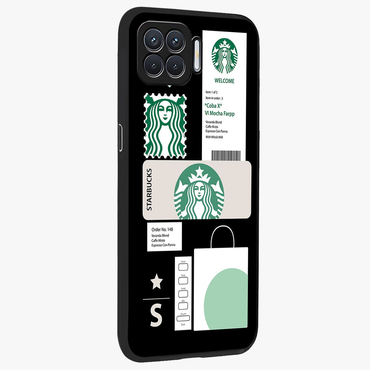 Starbucks Mocha Glass Case upright view showcasing trendy coffee inspired artwork with modern lifestyle theme.