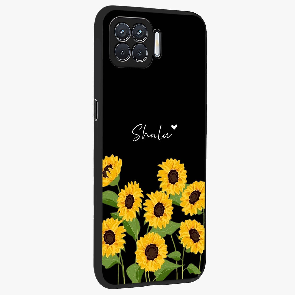 Sunflower Chic Mood Custom Name Glass Case upright view showcasing cheerful sunflower artwork with trendy floral theme.