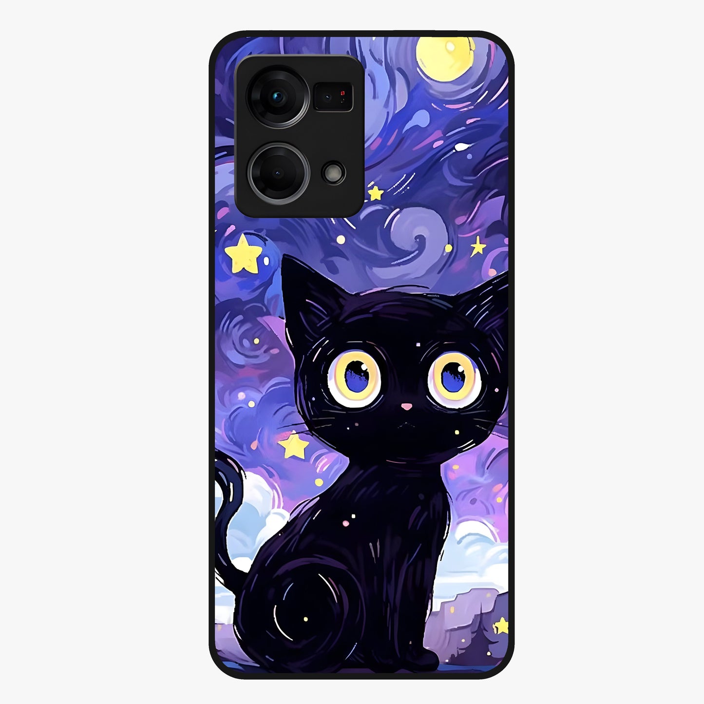 Abstract Cat Art Glass Case showing flat back view with artistic cat illustration and glossy glass finish.