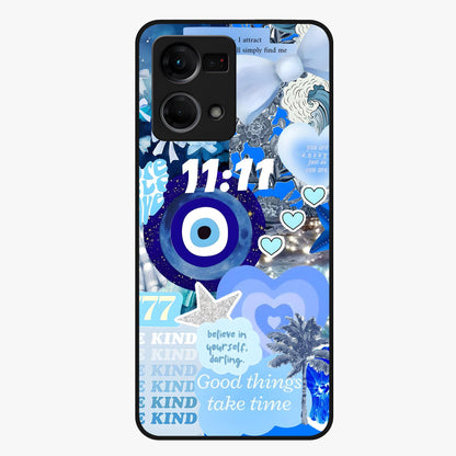 Aesthetic Be Kind Eye Glass Case showing flat back view with motivational eye artwork and glossy glass finish.