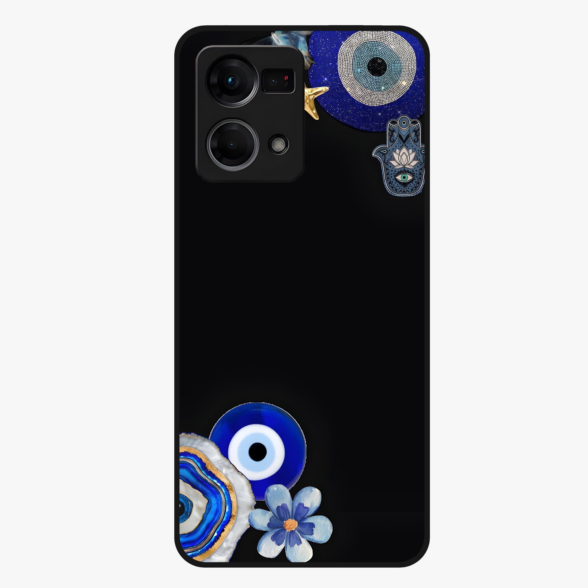 Aesthetic Blue Evil Eye Glass Case showing flat back view with protective evil eye artwork and glossy glass finish.