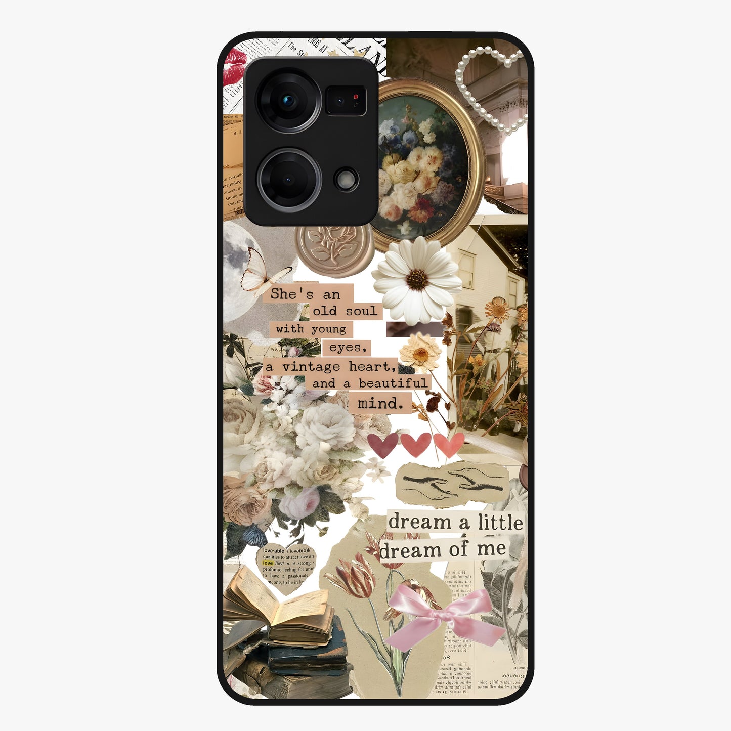 Aesthetic Brown Vintage Collage Glass Case showing flat back view with retro collage artwork and glossy glass finish.