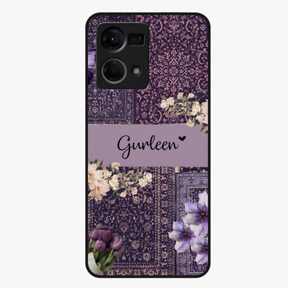Antique Floral Whisper Custom Name Glass Case showing flat back view with vintage floral artwork and personalized name design.
