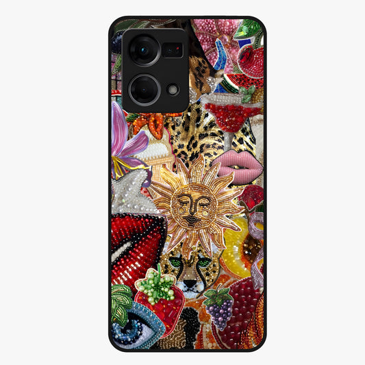 Beaded Fashion Jungle Glass Case showing flat back view with vibrant jungle inspired bead artwork and glossy glass finish.