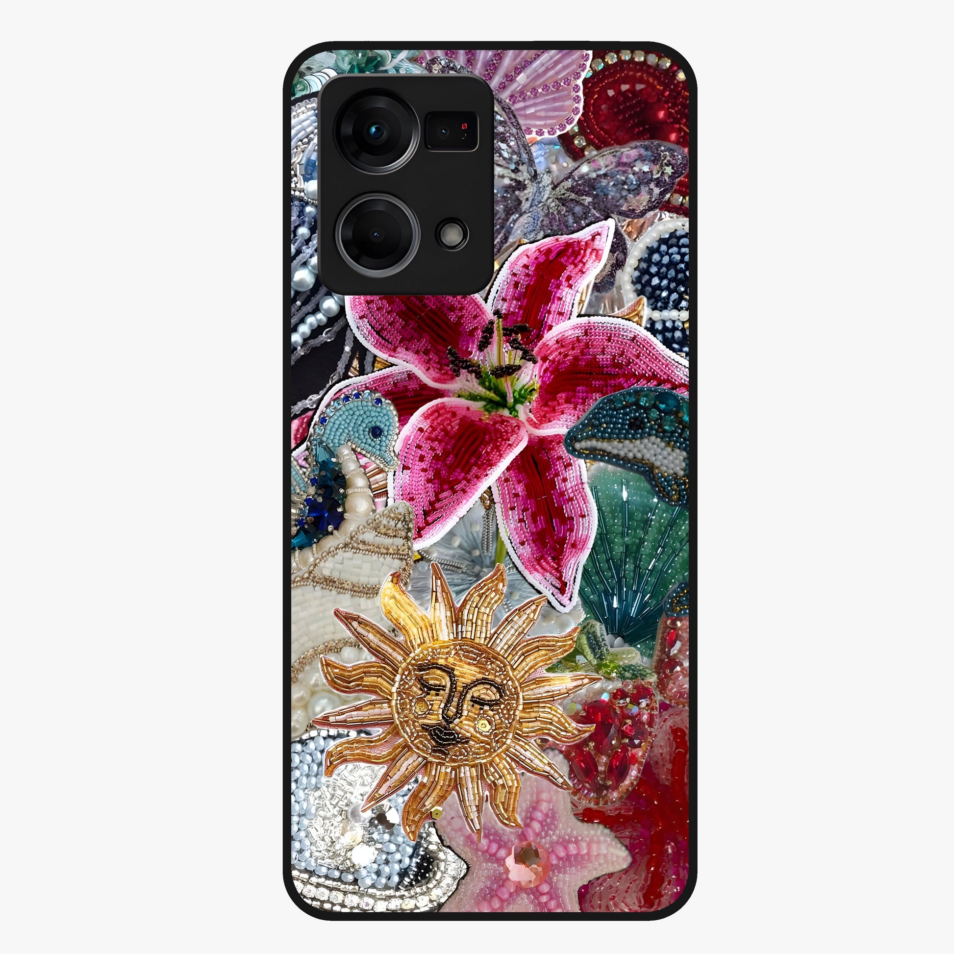 Beaded Garden Fantasy Glass Case showing flat back view with dreamy garden bead artwork and glossy glass finish.