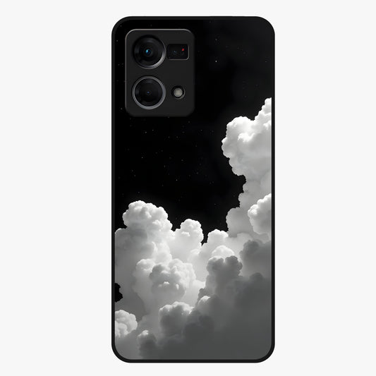 Black Background With White Cloud Glass Case showing flat back view with minimal cloud artwork on dark background and glossy glass finish.