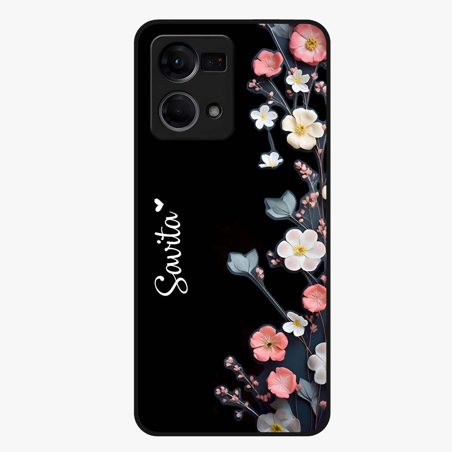 Black Elegance Floral Custom Name Glass Case showing flat back view with elegant floral artwork and personalized name design.