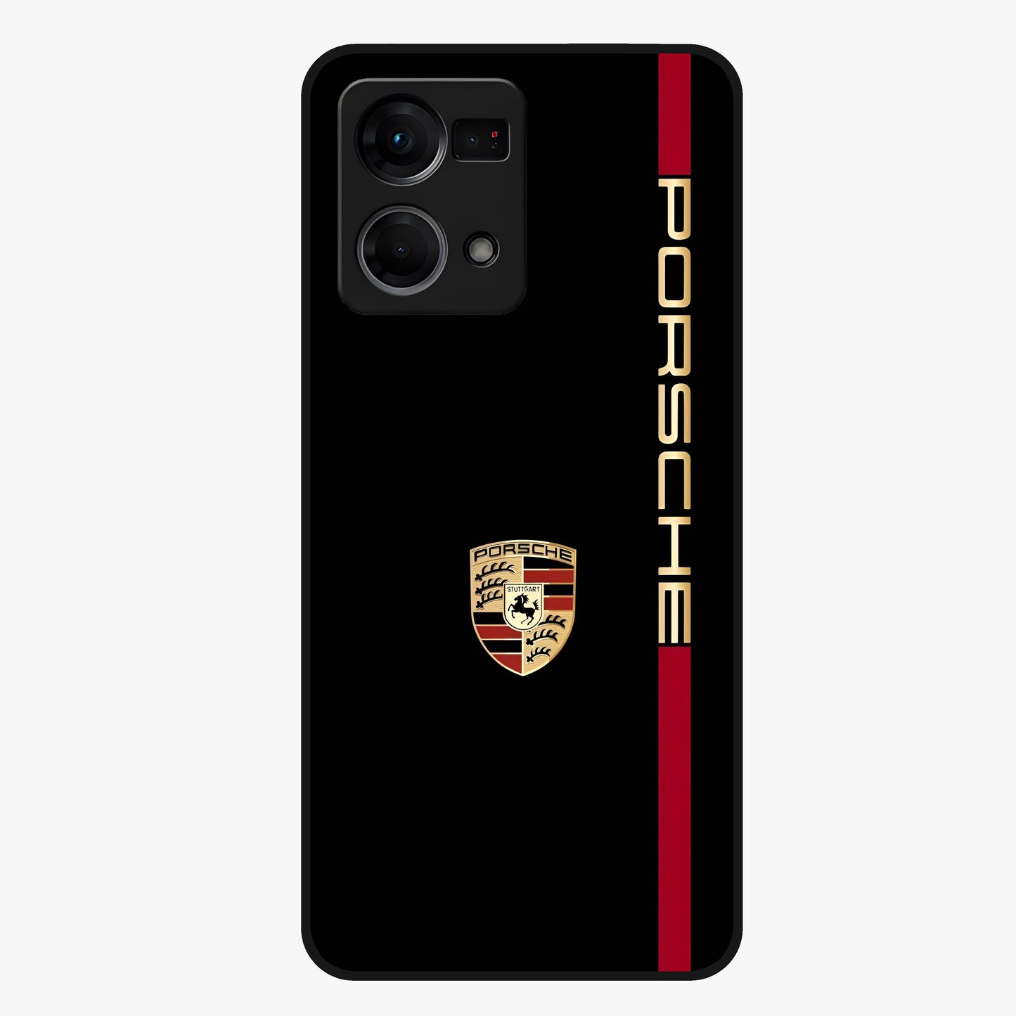 Black Minimal Porsche Glass Case showing flat back view with sleek minimal sports car artwork and glossy glass finish.