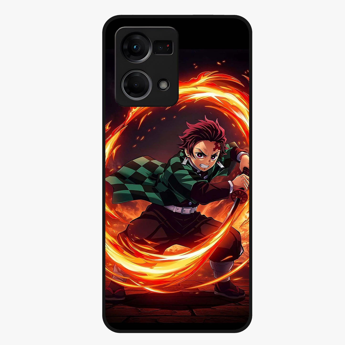 Blazing Sword Resolve Glass Case showing flat back view with fiery sword artwork and glossy glass finish.