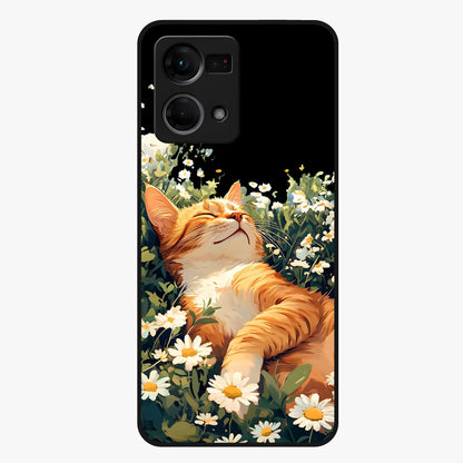 Blissful Bloom Cat Glass Case showing flat back view with cute cat and floral bloom artwork and glossy glass finish.