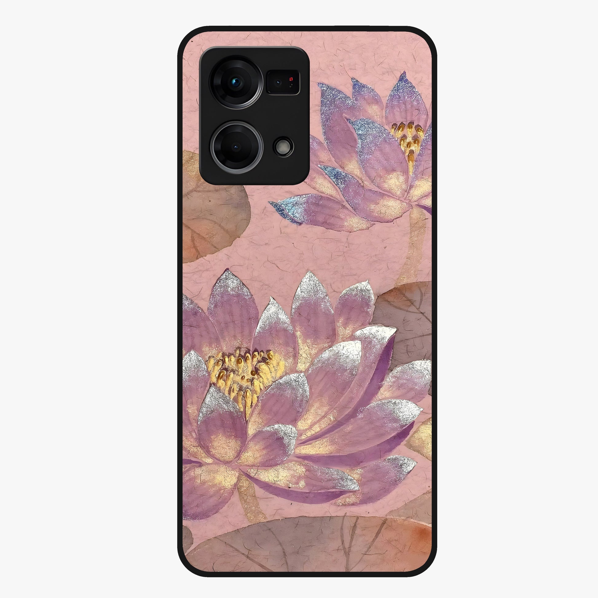 Blossom Mist Lotus Glass Case showing flat back view with serene lotus blossom artwork and glossy glass finish.