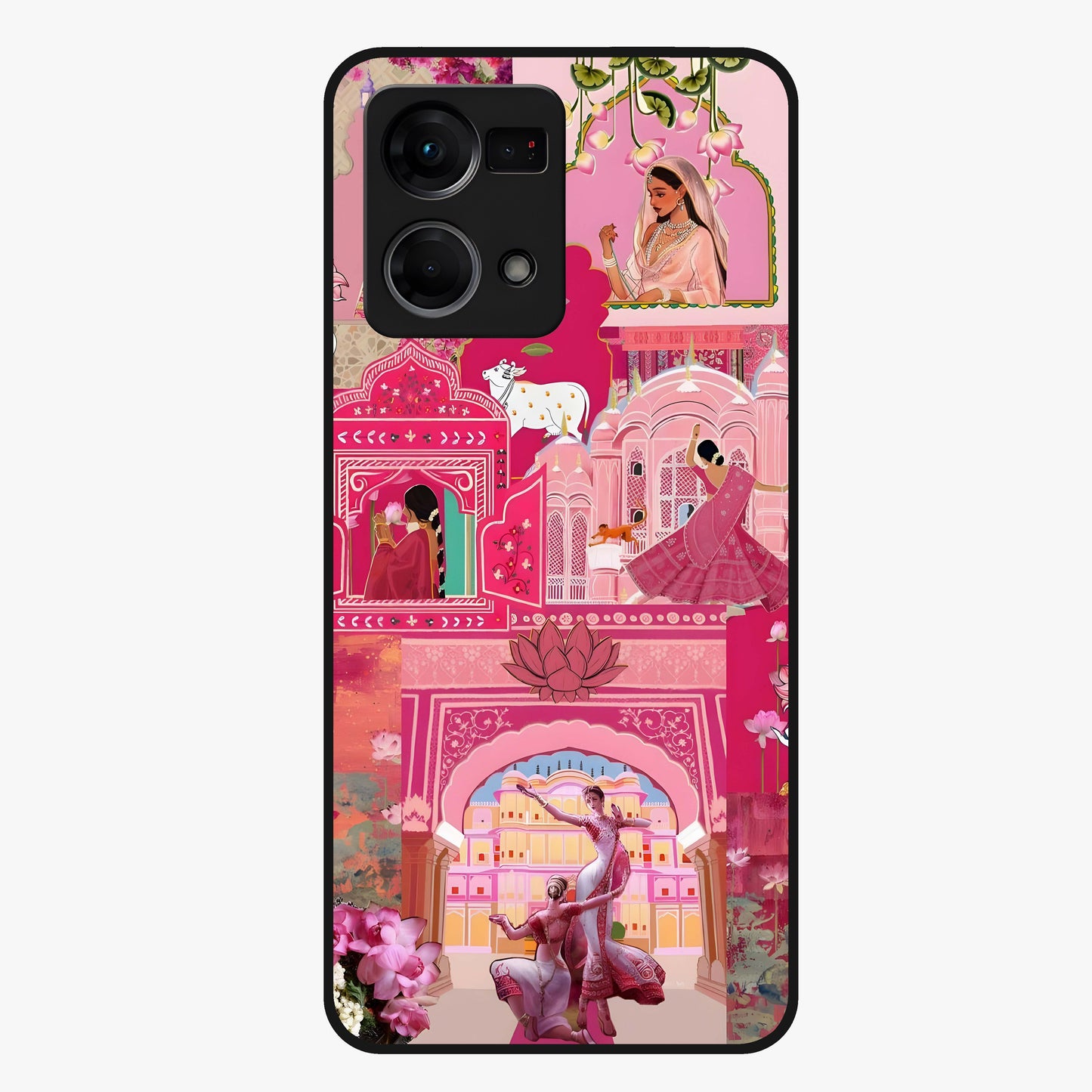 Blossoms of Rajasthan Glass Case showing flat back view with traditional floral artwork inspired by Rajasthan and glossy glass finish.