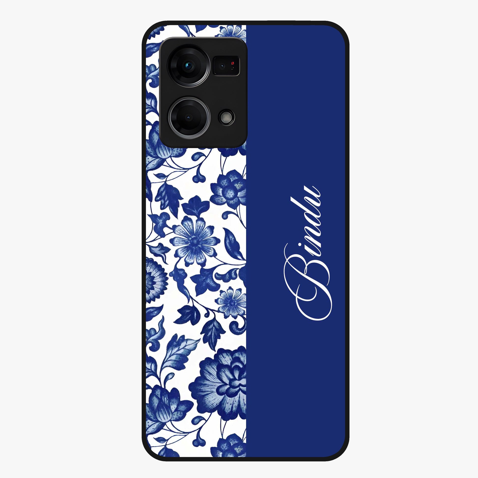 Blue Vintage Floral Pattern Glass Case upright view showcasing timeless floral illustration with vintage inspired style.